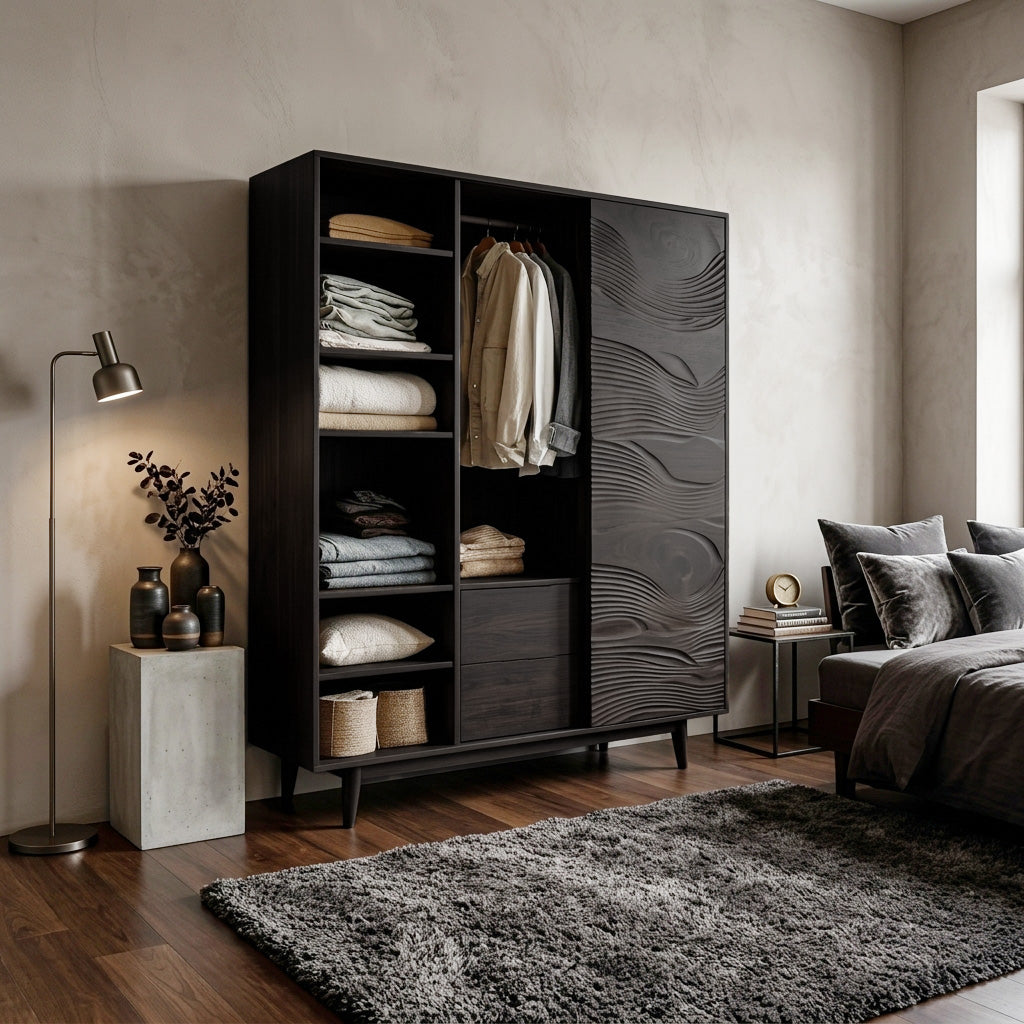 Minimal Wardrobe With Carved Front For Bedroom Space