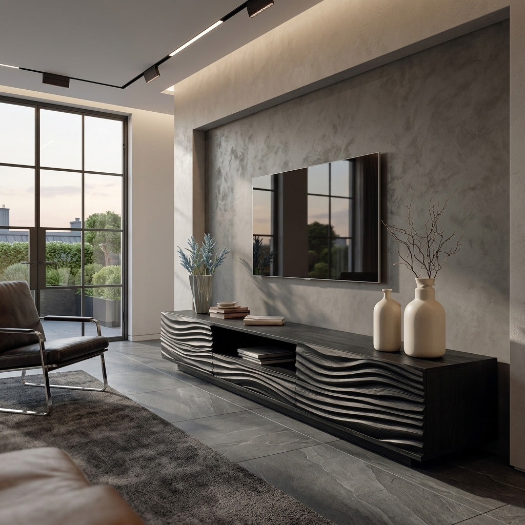 Modern Organic TV Console Sculpted Media Cabinet For Living Room