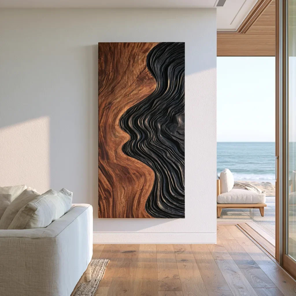 Japandi Flowing Wave Wooden Wall Sculpture Modern Foyer