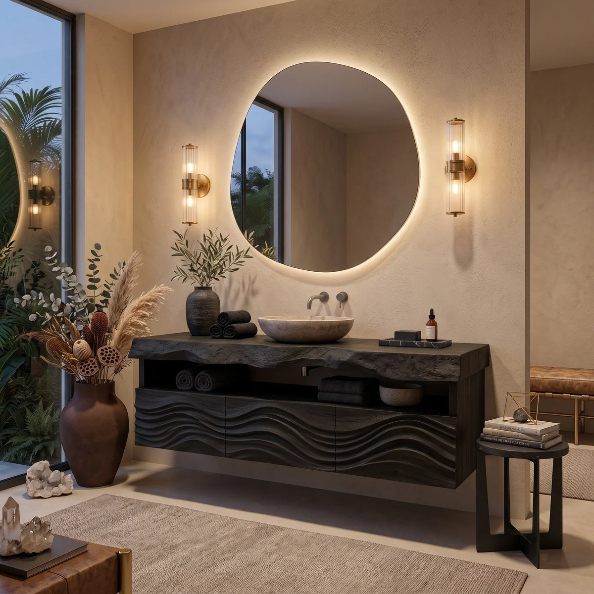 Contemporary Wall Mounted Bathroom Vanity Wave Carved Drawers For Ensuite