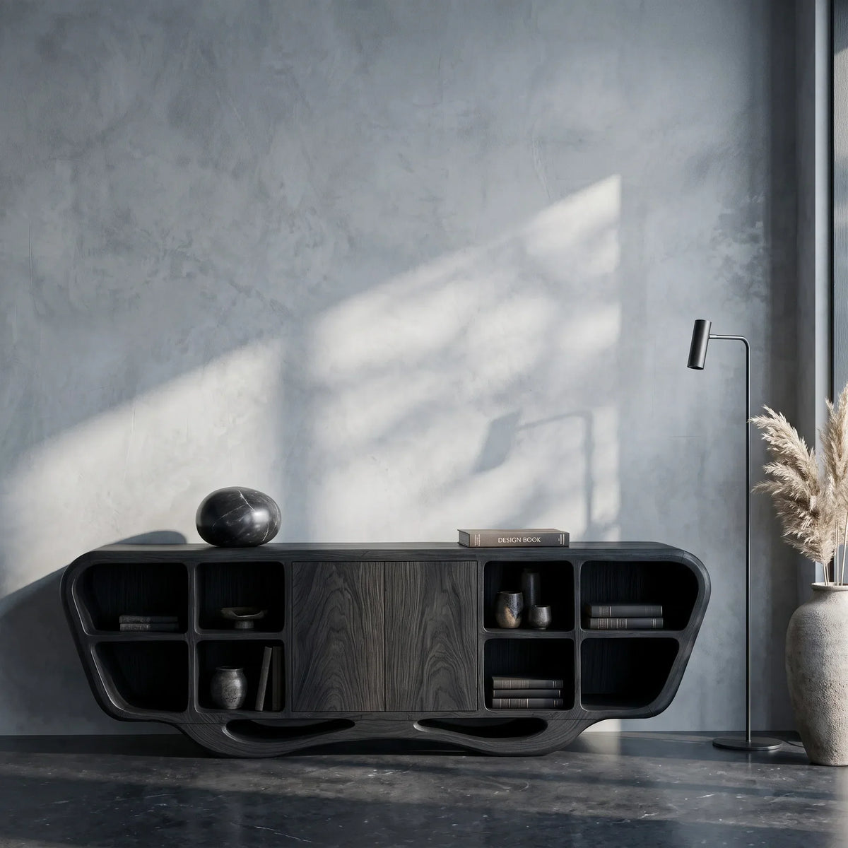 Modern Sculptural Open Shelf Sideboard For Living Room