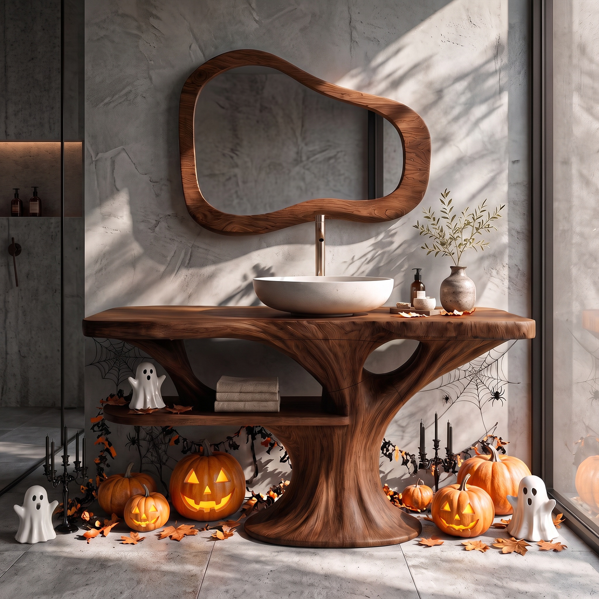 Modern Halloween Wooden Bathroom Vanity With Lower Storage Shelf For Bathroom