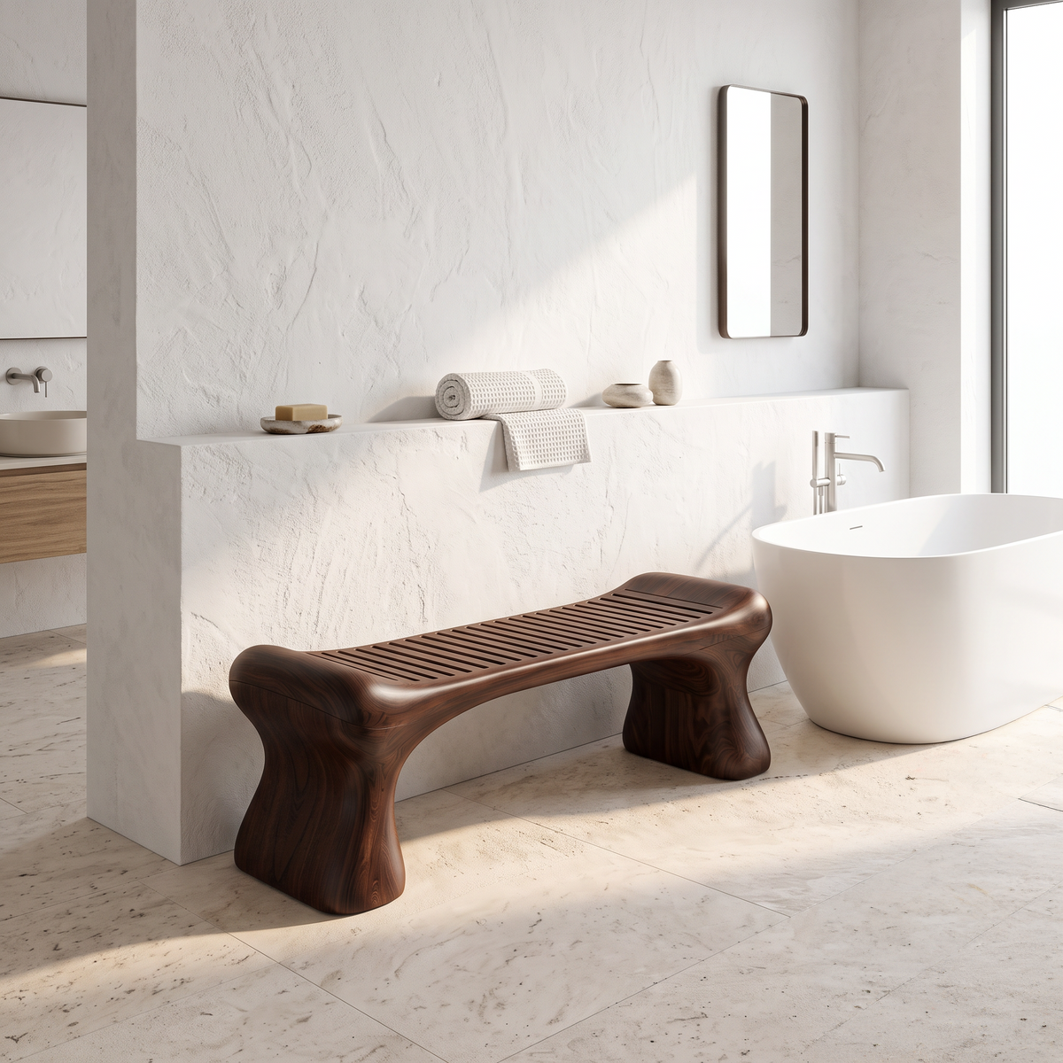 Rustic Wooden Shower Bench With Thick Sculpted Legs For Bathroom