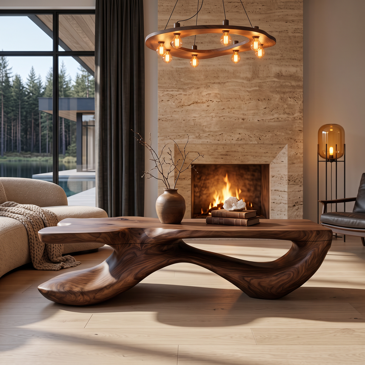 Wooden Coffee Table With Freeform Top Design For Living Room
