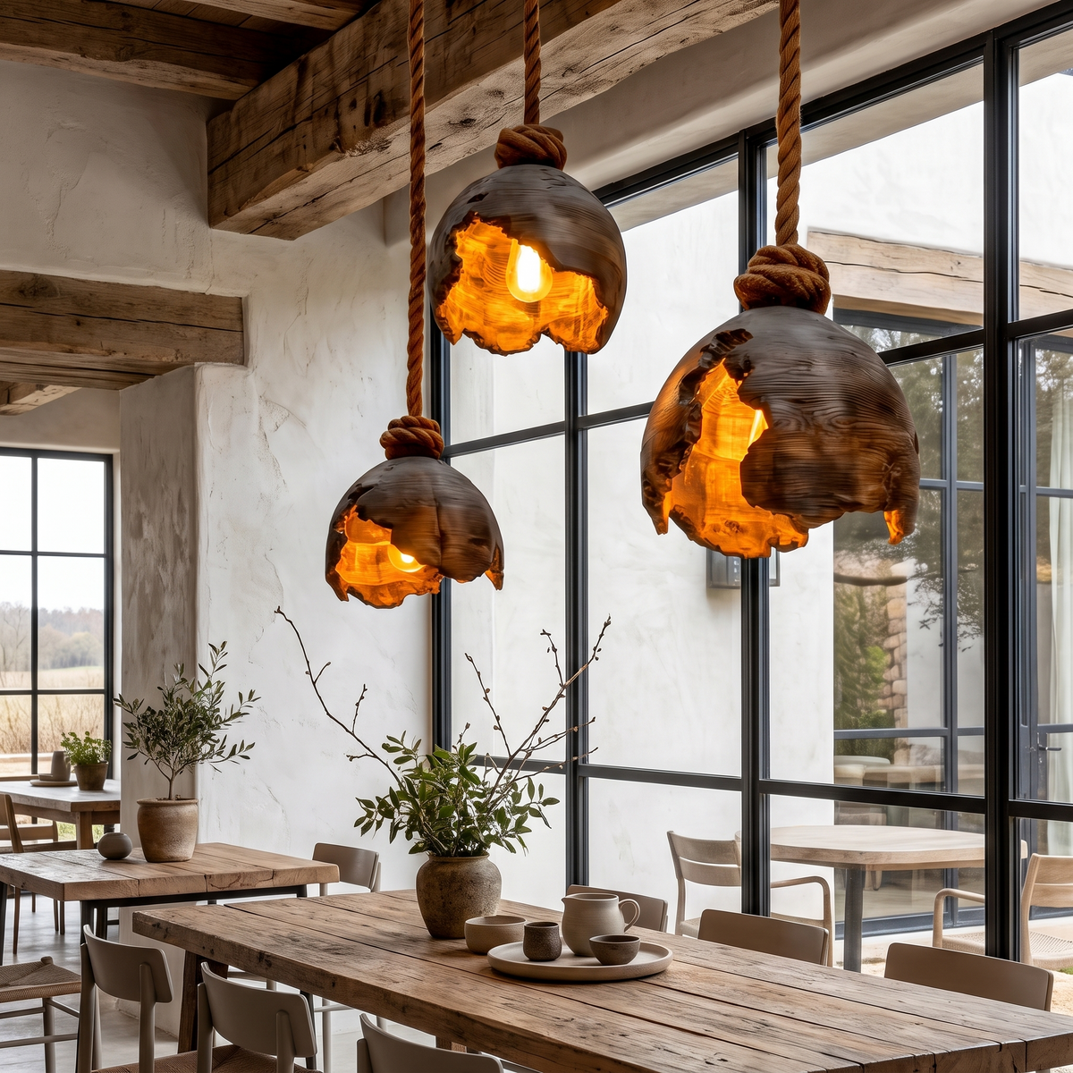Minimalist Pendant Lamp With Sculptural Wood Design For Living Room