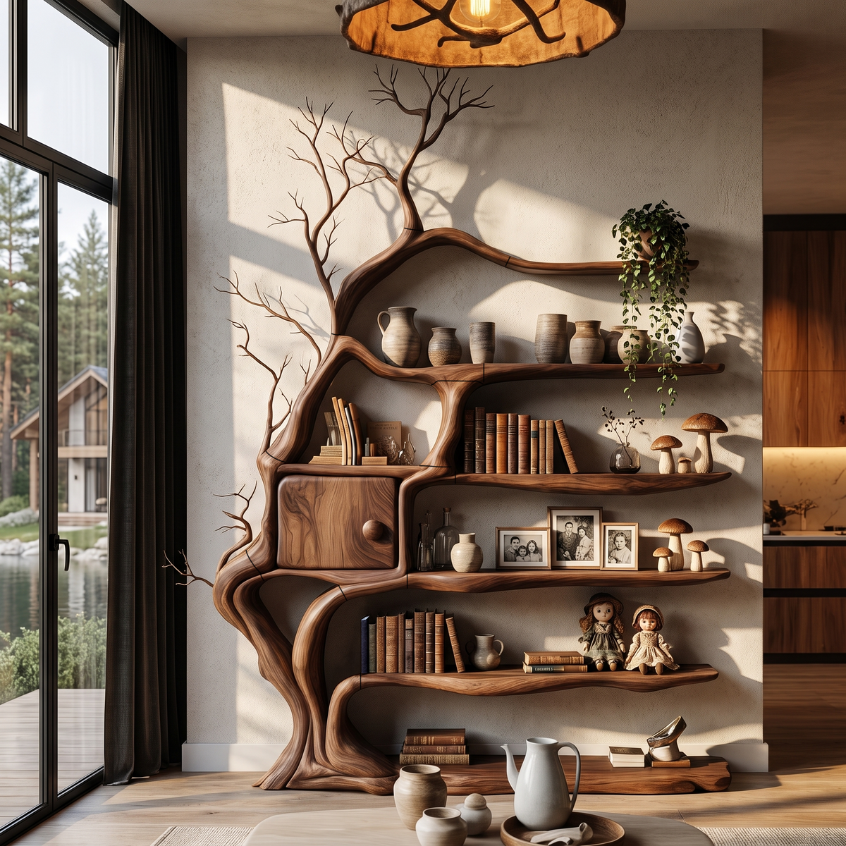 Modern Tree Bookshelf With Integrated Storage Cabinet For Living Room