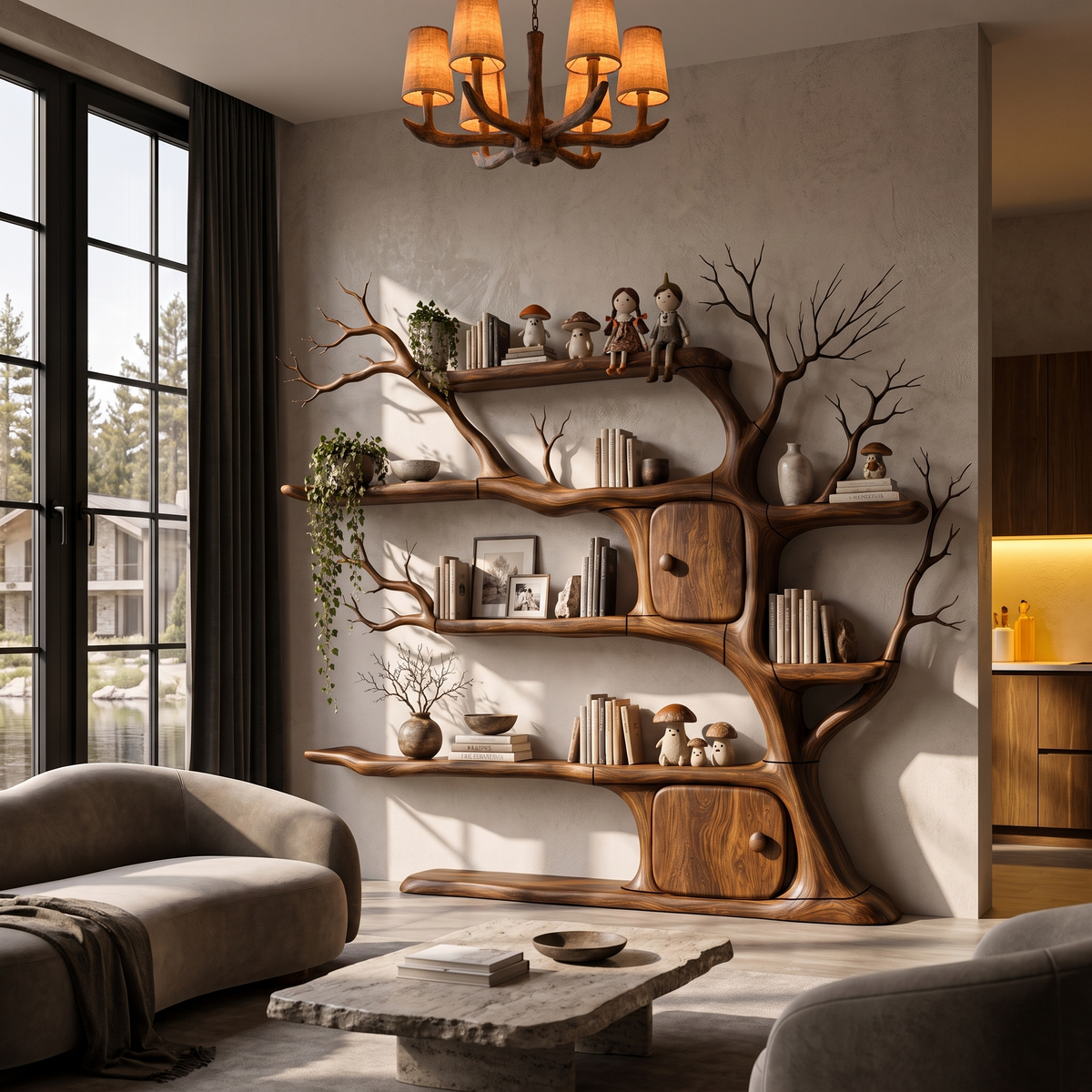 Rustic Wall Mounted Tree Bookshelf With Trunk Inspired Cabinet For Reading Room