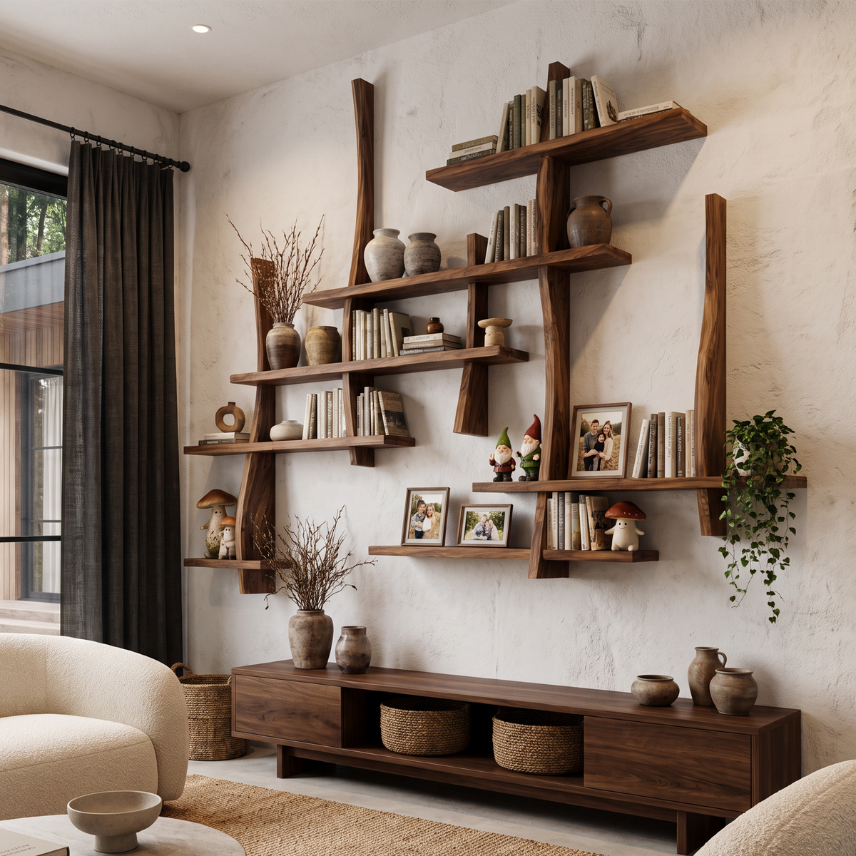 Rustic Floating Bookshelf With Layered Display Shelves For Home Library
