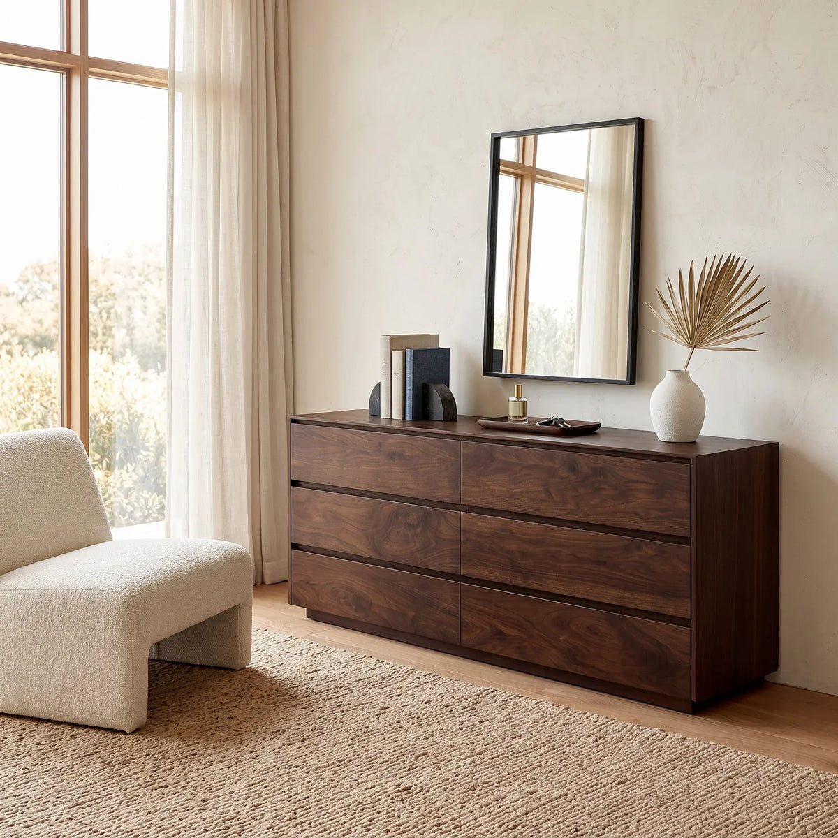 Modern Minimal Wooden Six Drawer Dresser For Bedroom