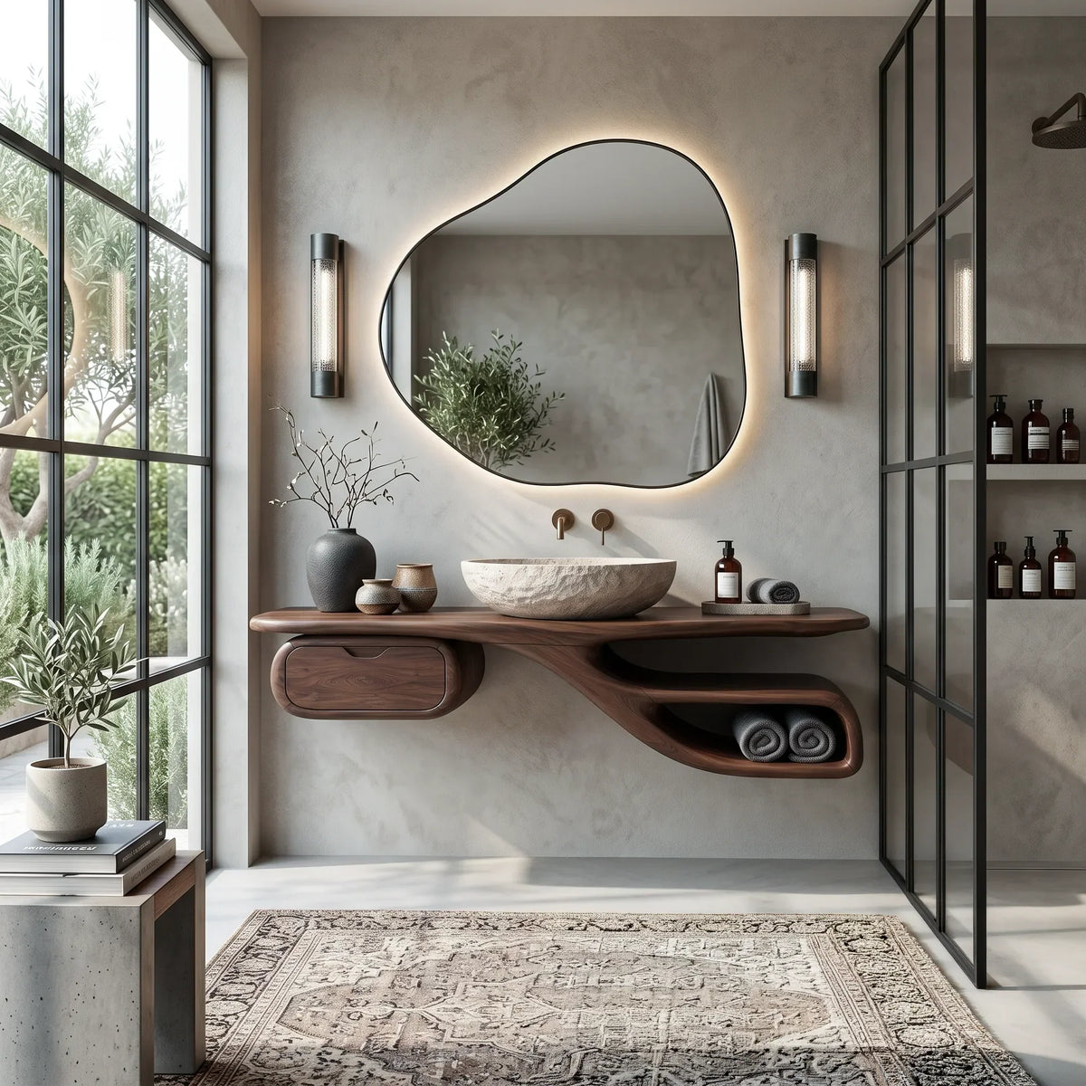 Transitional Floating Bathroom Vanity Curved Storage For Modern Bathroom