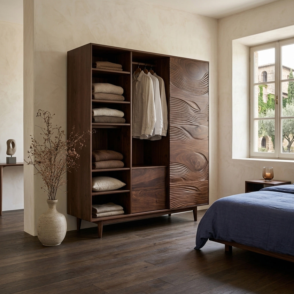 Minimal Wardrobe With Carved Front For Bedroom Space