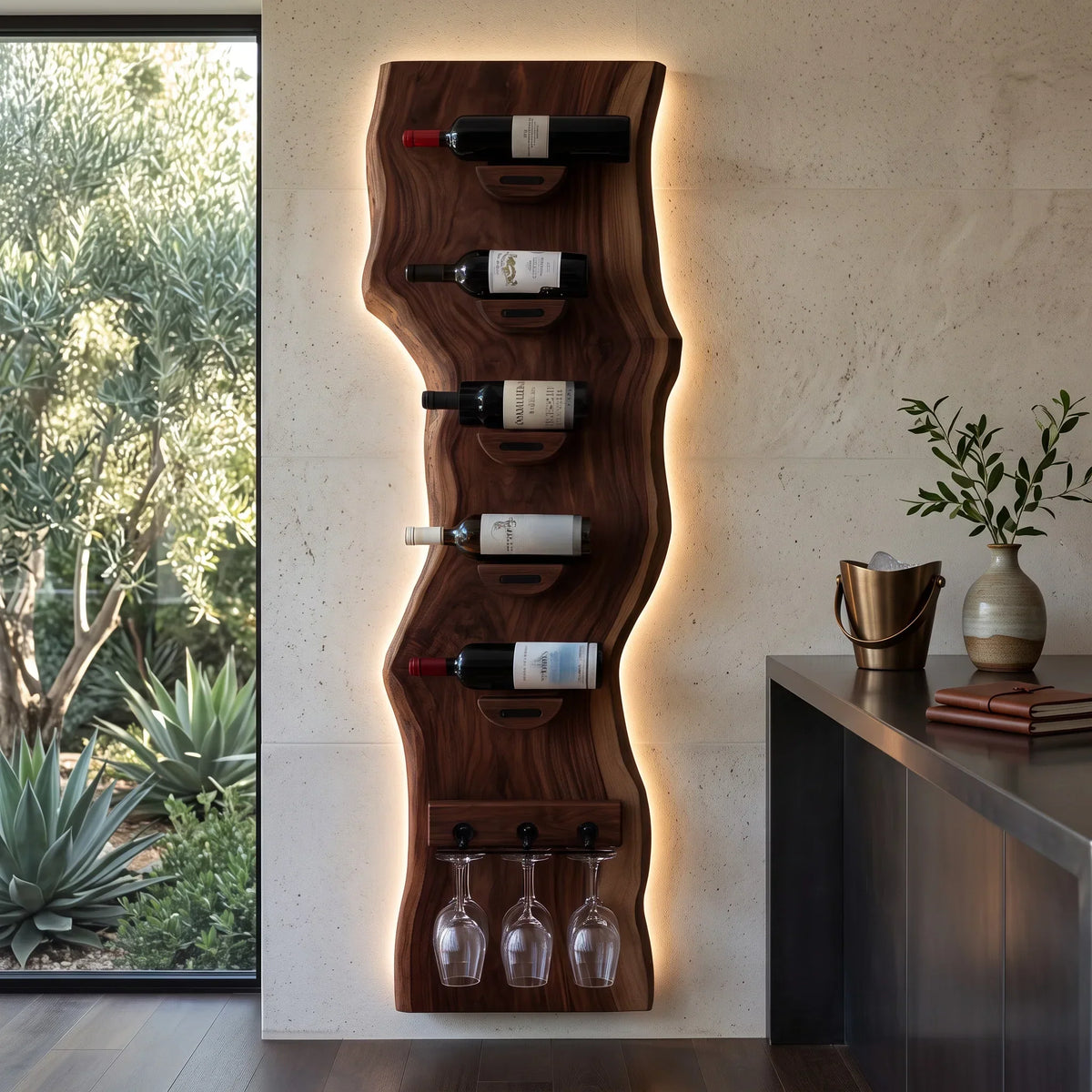 Contemporary Live Edge Wine Rack With Glass Holder For Dining Room