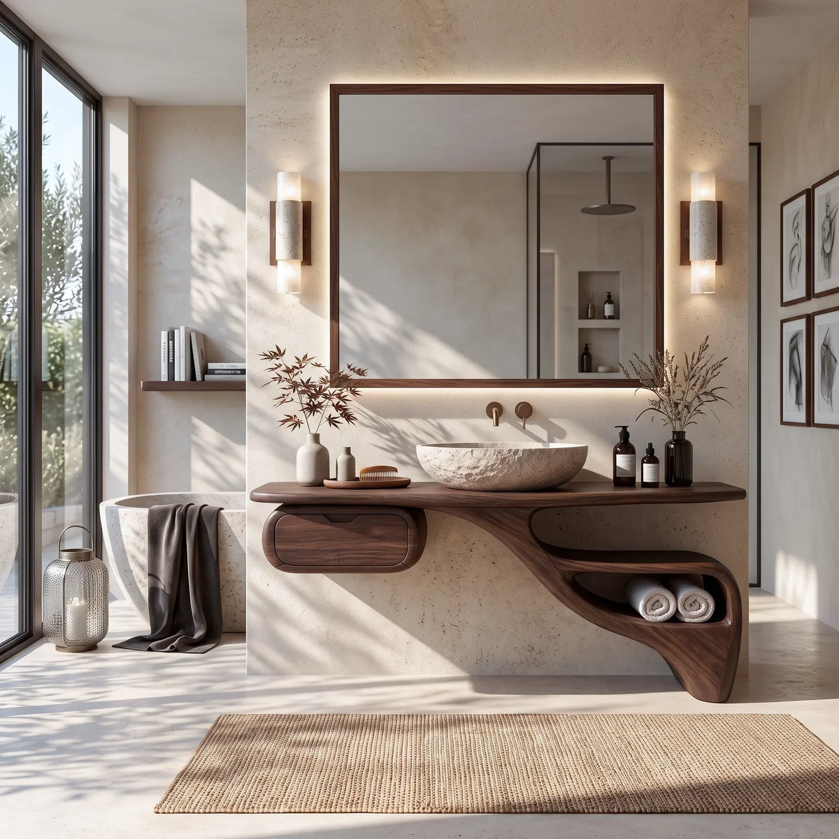 Sculptural Bathroom Vanity Flowing Shelves With Storage For Luxury Bathroom