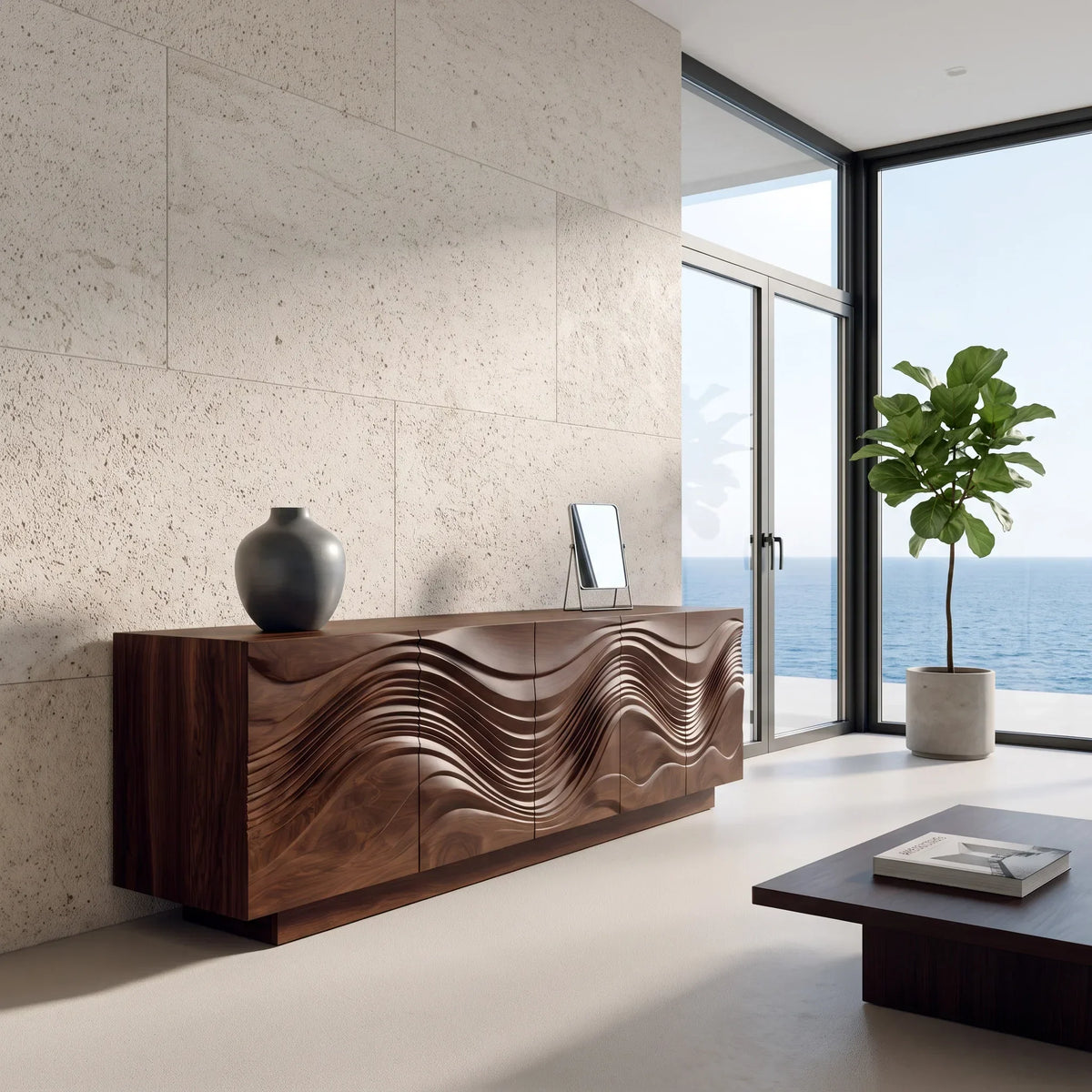 Contemporary Wave Carved Sideboard For Dining Area
