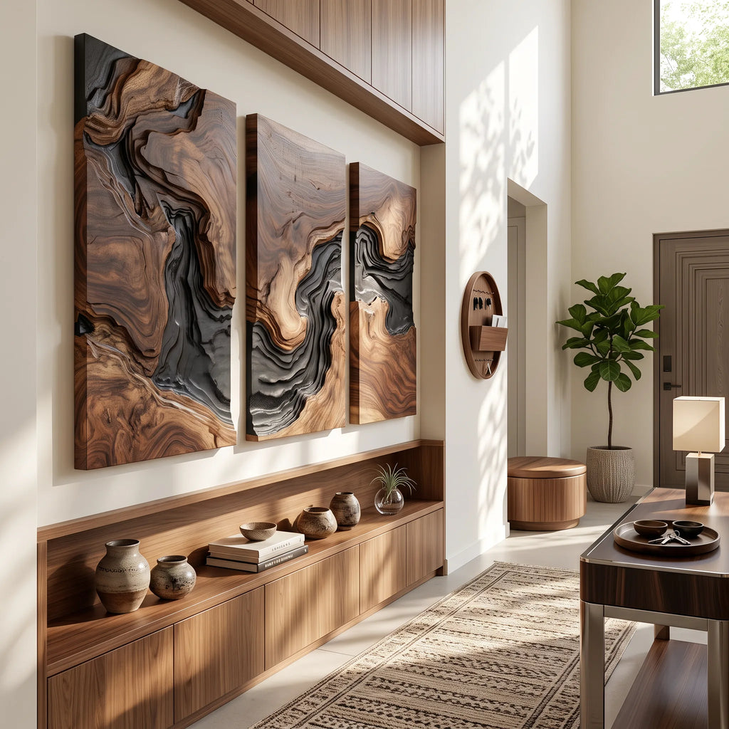 Modern Layered Wave Triptych Wood Wall Art Living Room