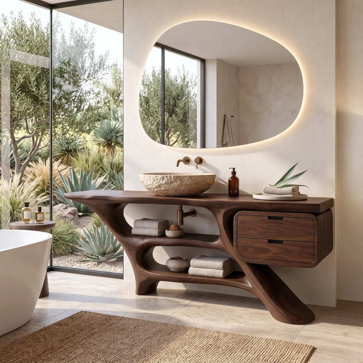 Sculptural Bathroom Vanity Flowing Shelves With Drawer For Modern Spaces