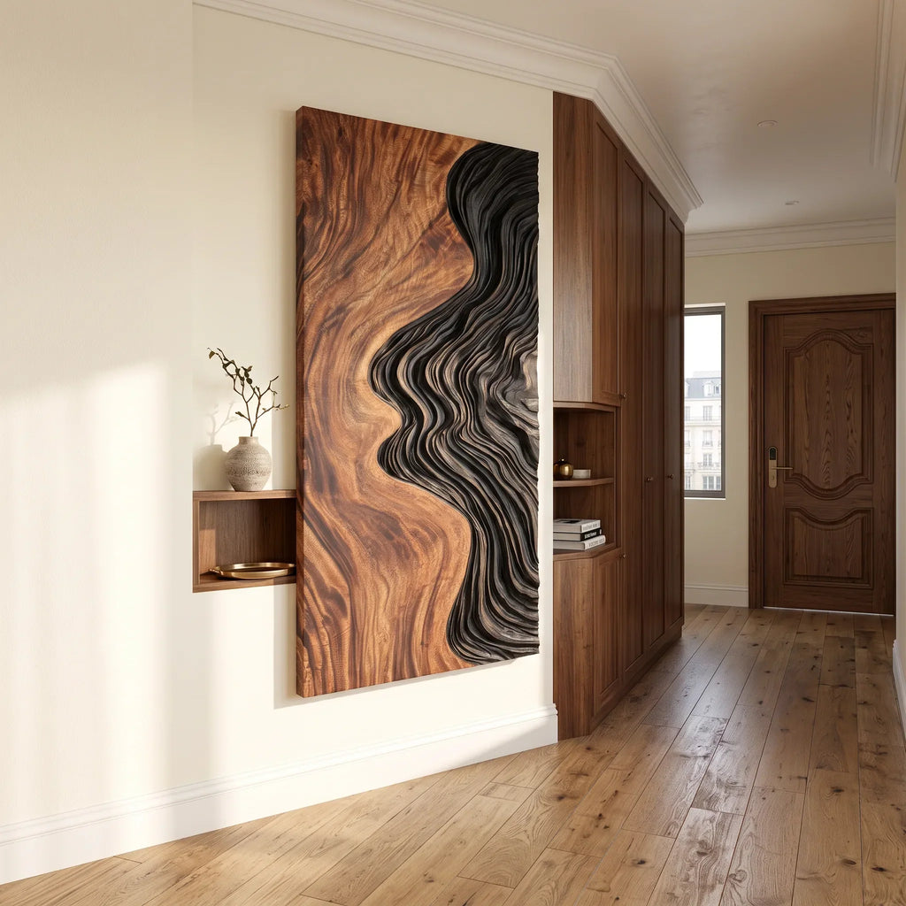 Japandi Flowing Wave Wooden Wall Sculpture Modern Foyer