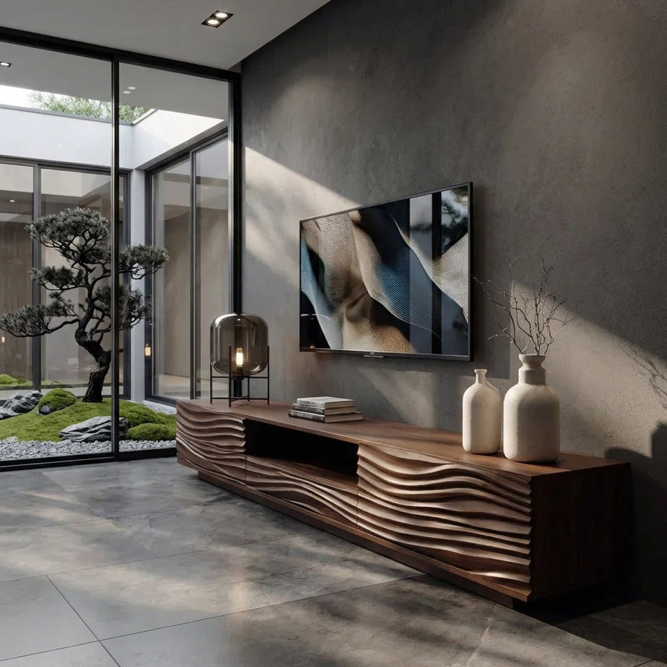 Modern Organic TV Console Sculpted Media Cabinet For Living Room