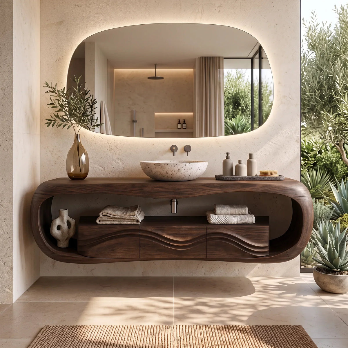 Sculptural Wall Mounted Bathroom Vanity Curved Shelves For Luxury Bathroom