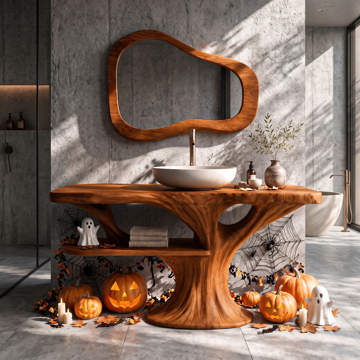 Modern Halloween Wooden Bathroom Vanity With Lower Storage Shelf For Bathroom