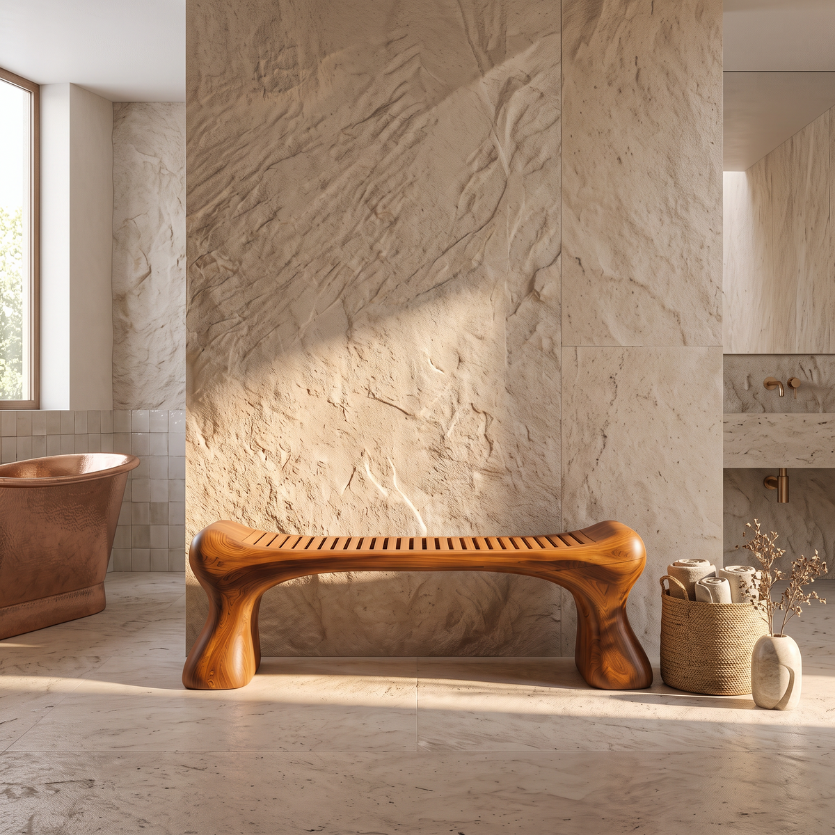 Rustic Wooden Shower Bench With Thick Sculpted Legs For Bathroom