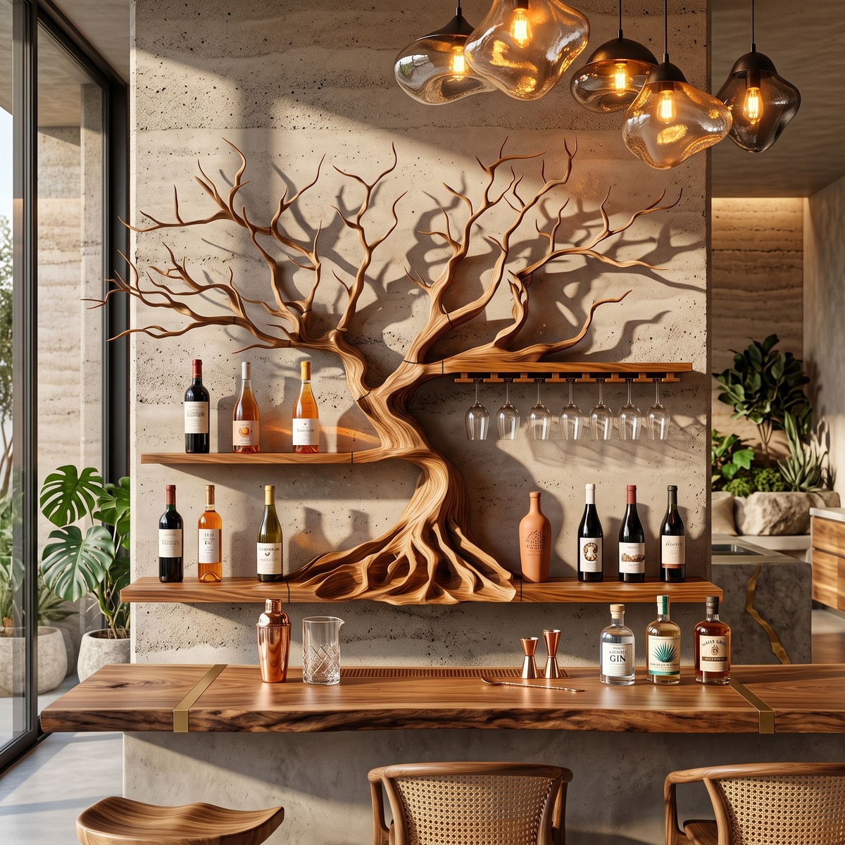Modern Wooden Wine Rack With Sculptural Tree Frame For Kitchen And Dining Room