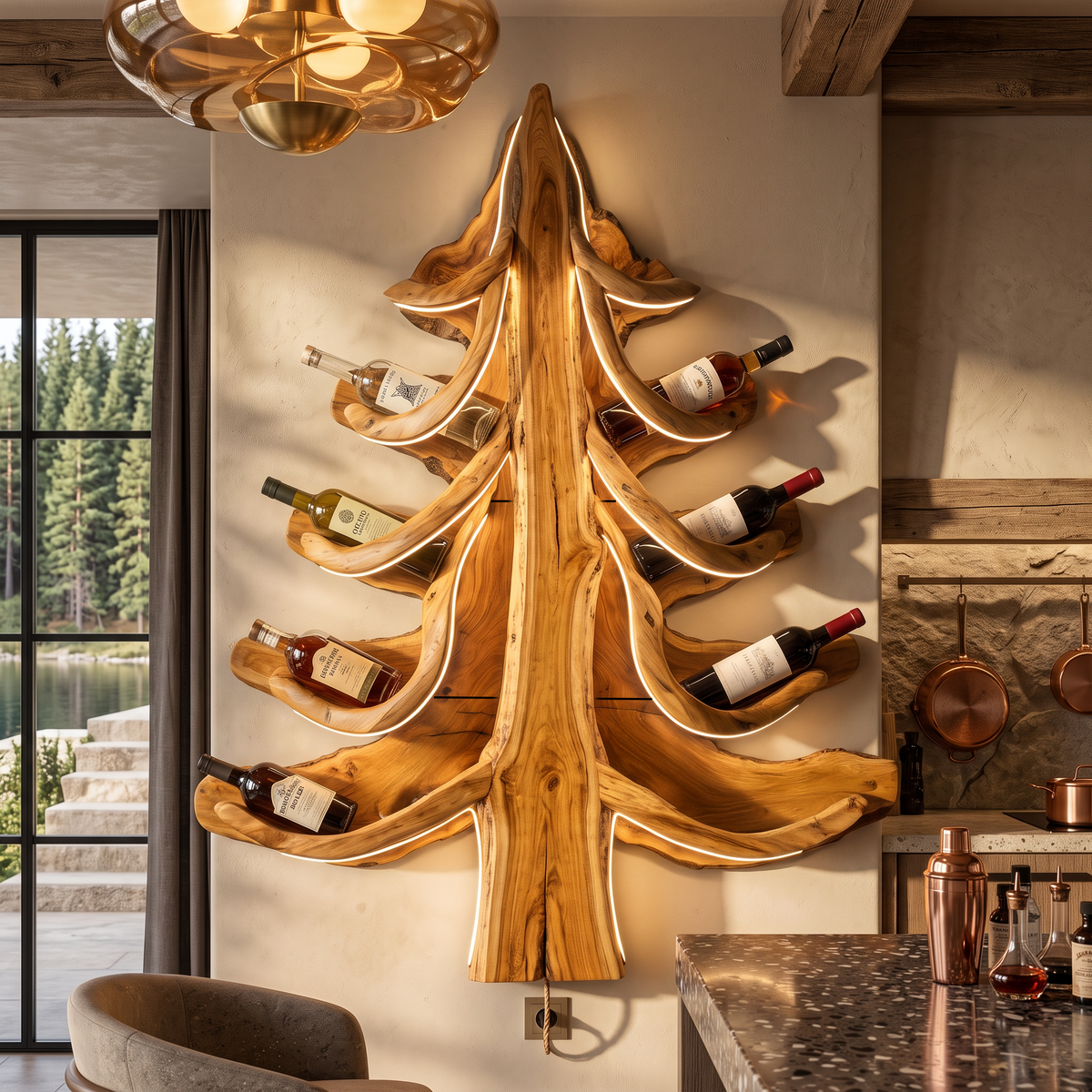 Modern Wine Display Rack With Sculptural Pine Tree Design For Home Bar