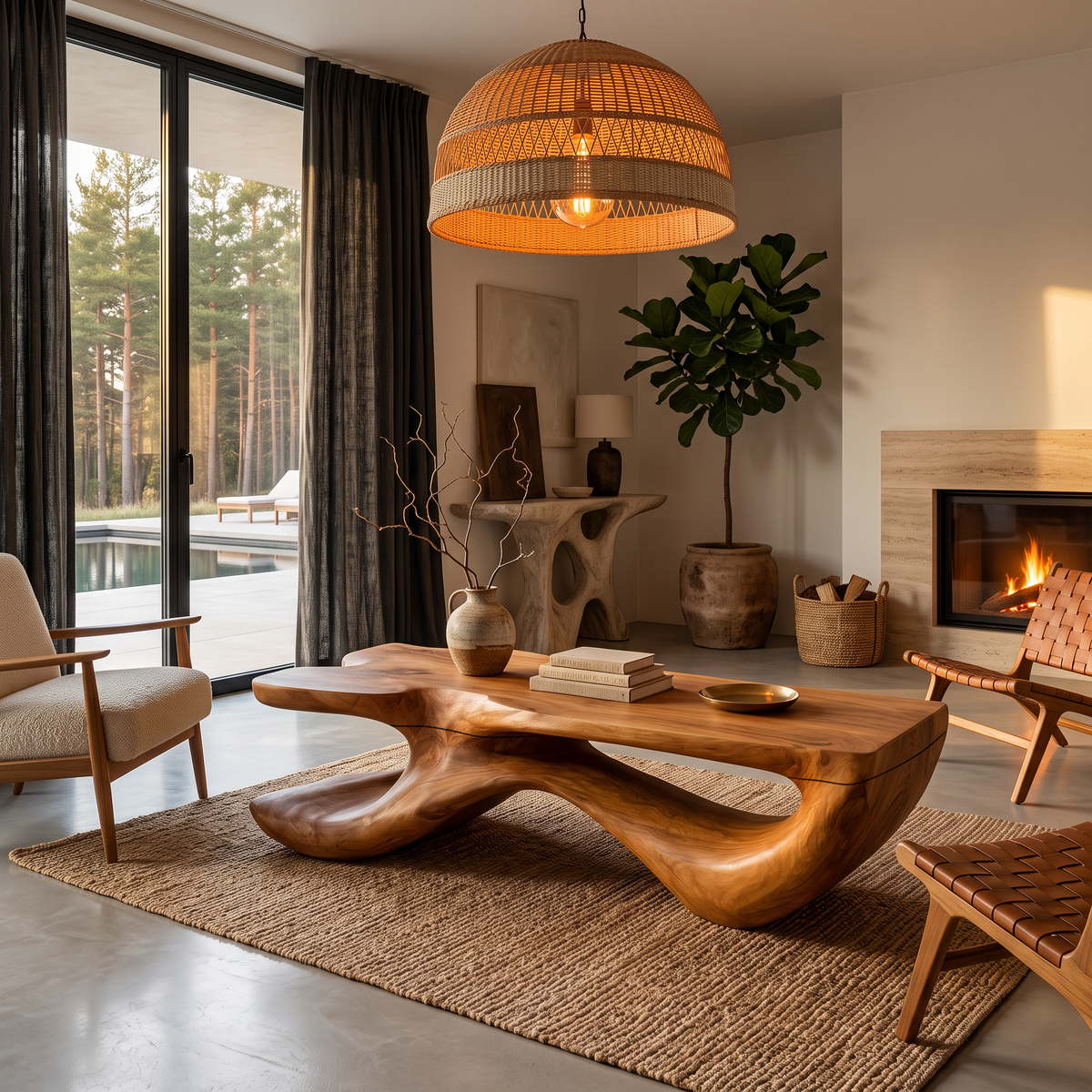 Wooden Coffee Table With Freeform Top Design For Living Room