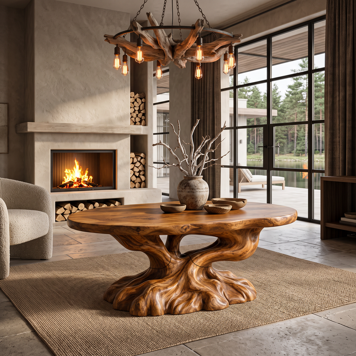 Rustic Coffee Table With Tree Root Inspired Base For Living Room