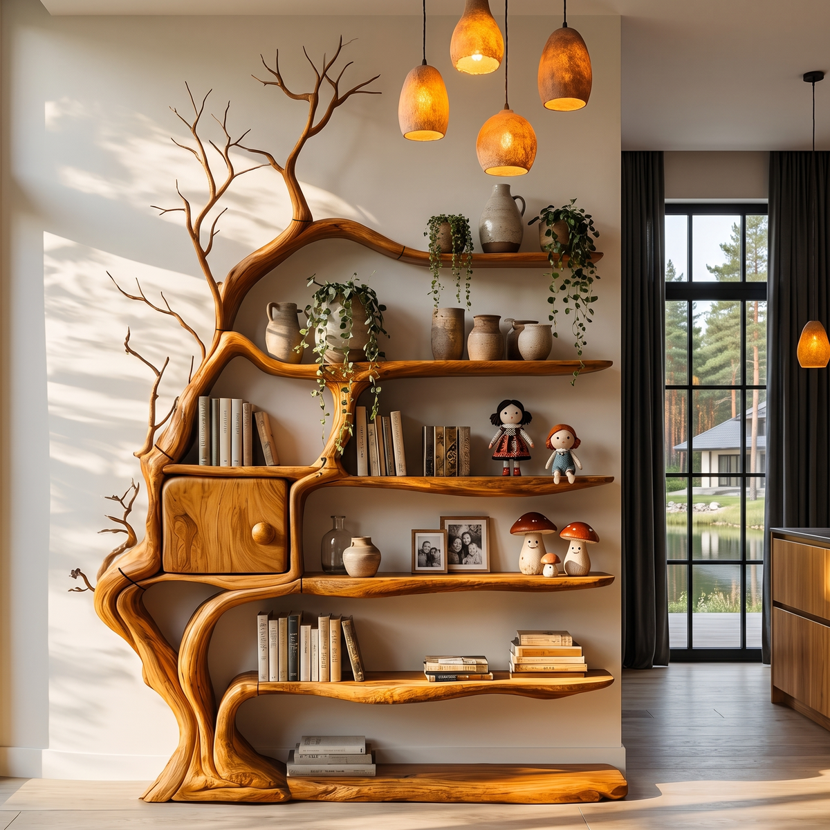 Modern Tree Bookshelf With Integrated Storage Cabinet For Living Room