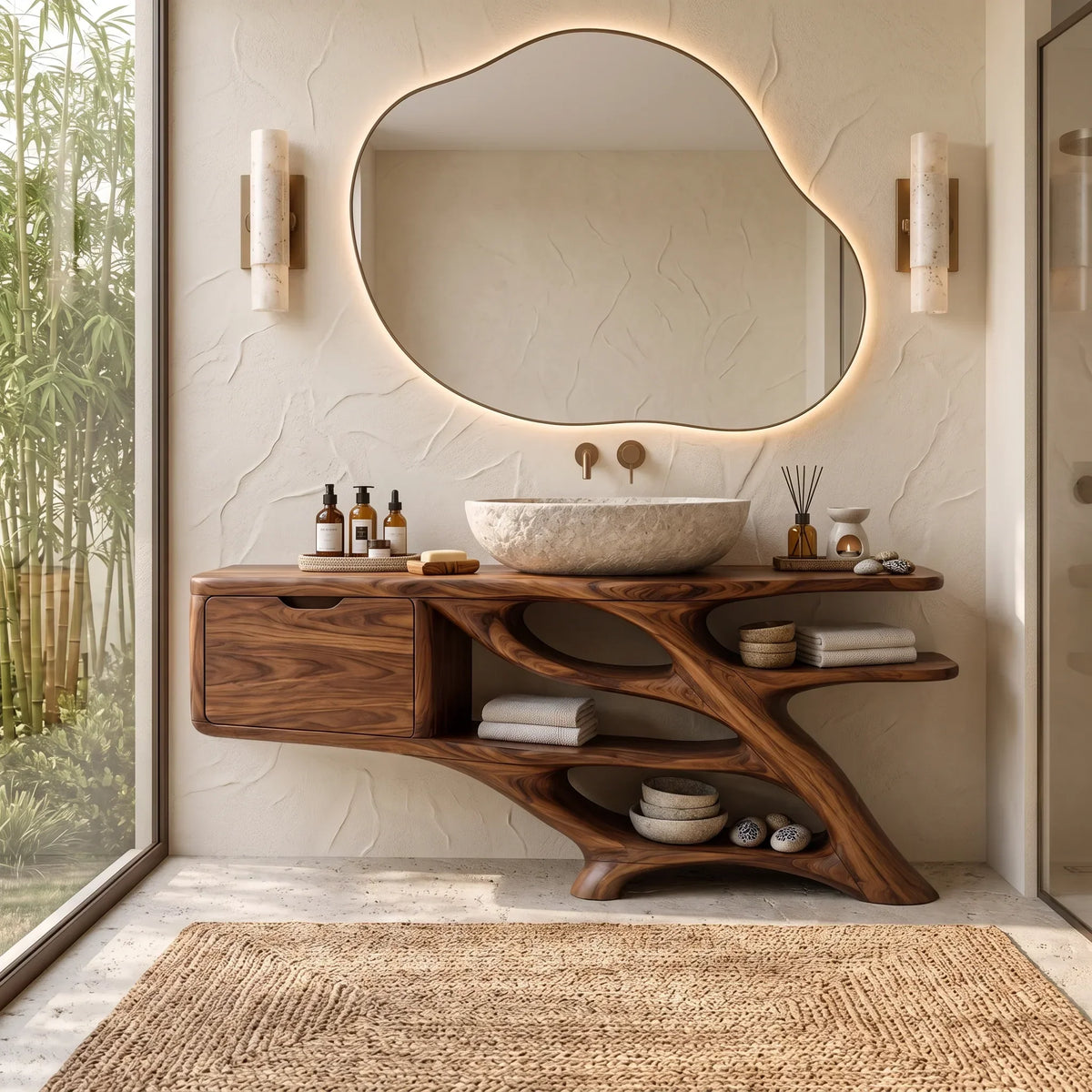 Sculptural Bathroom Vanity Branch Shelving With Cabinet For Designer Homes