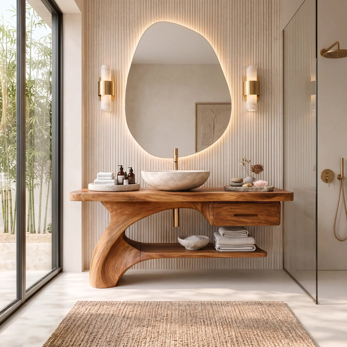 Sculptural Bathroom Vanity Curved Base With Storage For Modern Homes