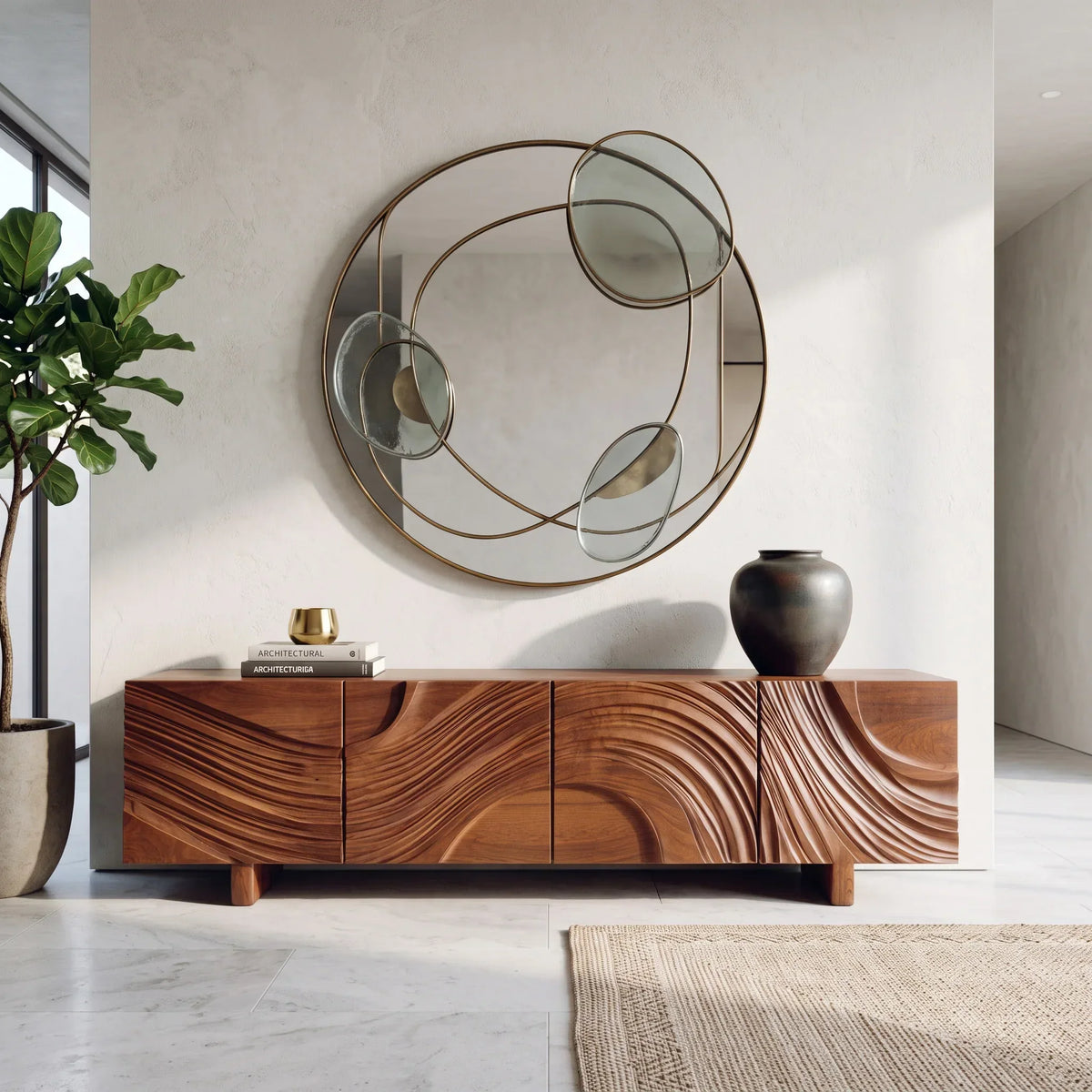 Contemporary Ripple Carved Sideboard For Entryway