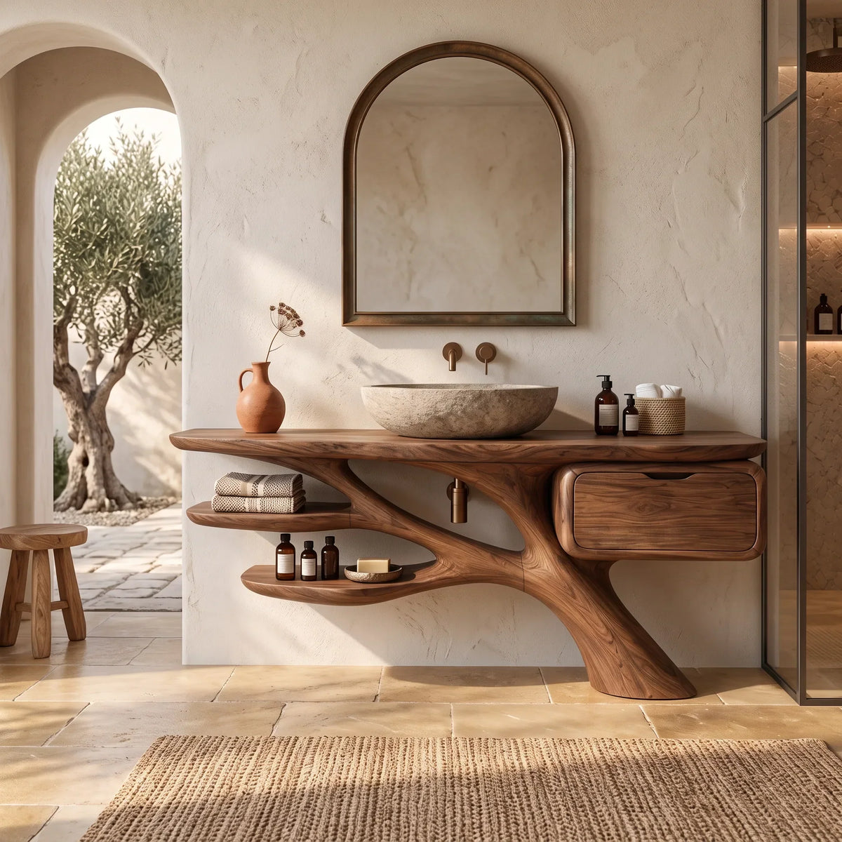 Biophilic Bathroom Vanity Branch Shelves For Luxury Bathroom