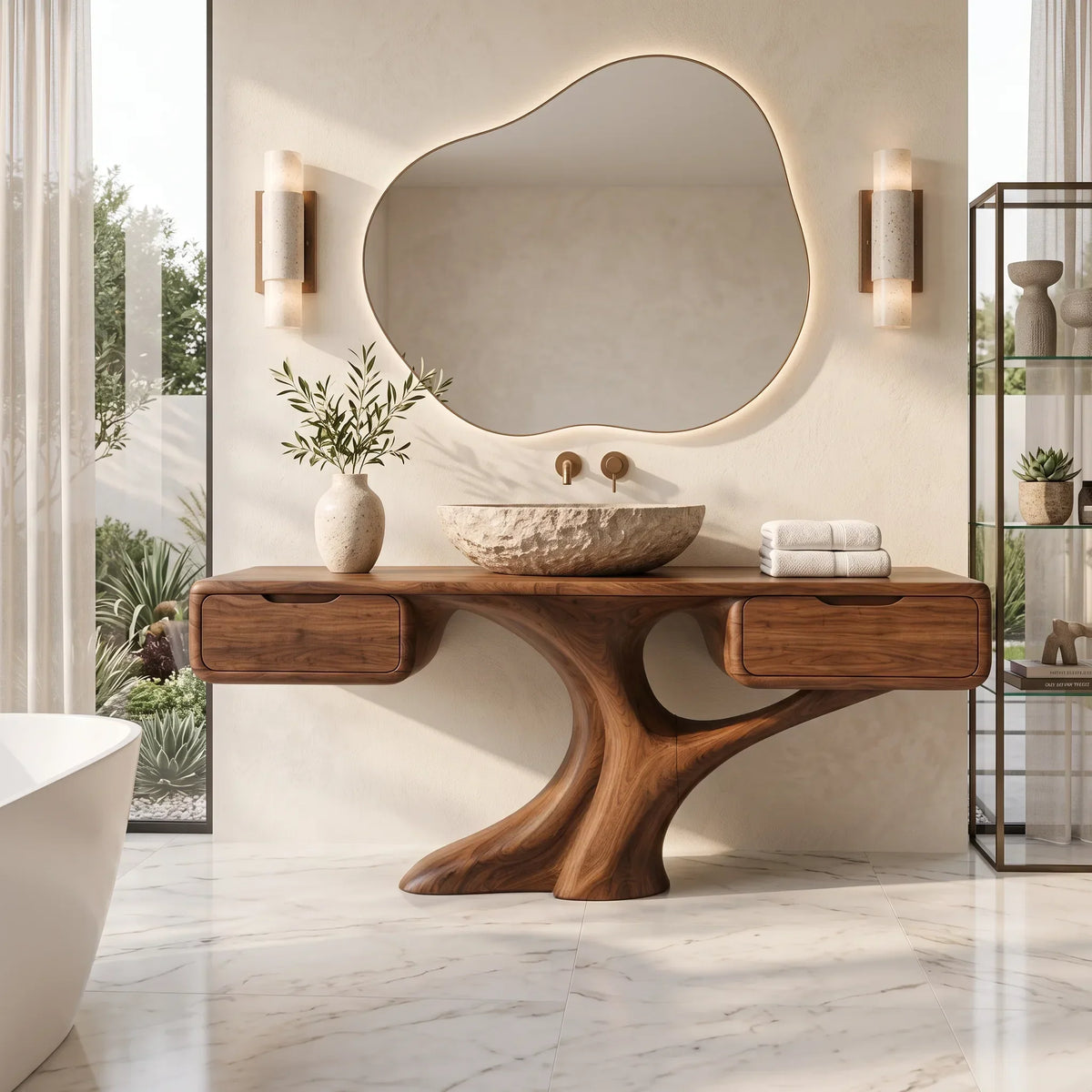 Sculptural Bathroom Vanity Branch Storage For Luxury Primary Suite