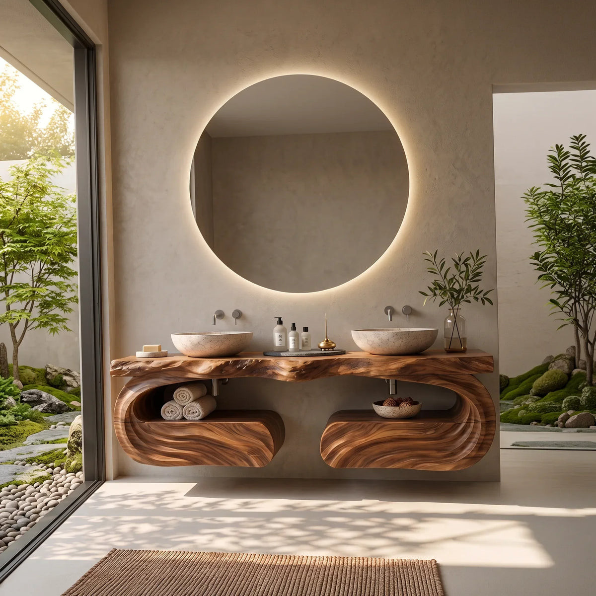 Luxury Floating Bathroom Vanity Wave Carved Cabinet For Modern Ensuite