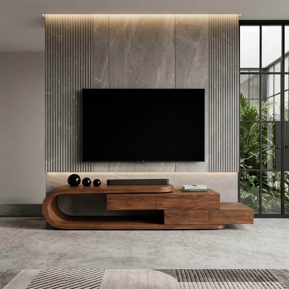 Contemporary Rounded TV Console With 2 Tiers For Living Room