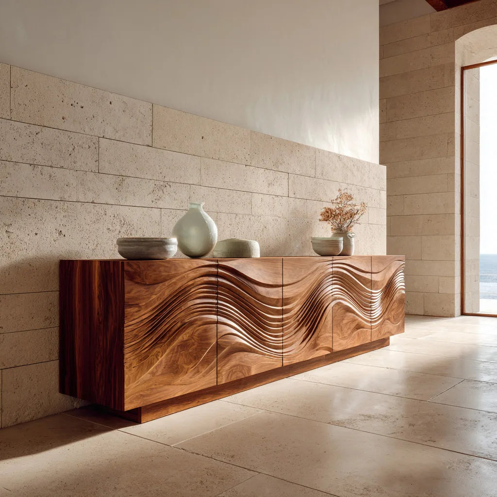 Contemporary Wave Carved Sideboard For Dining Area