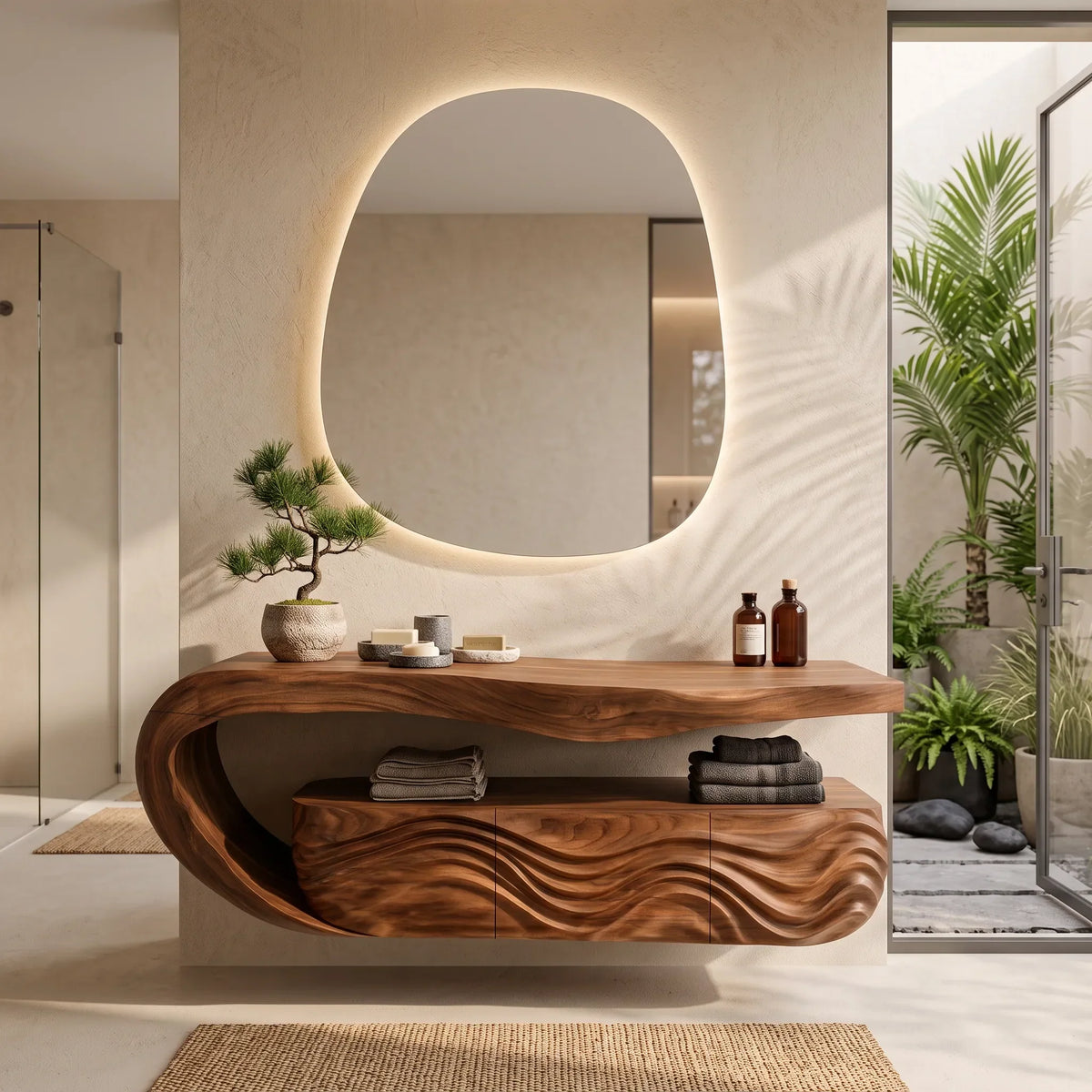 Minimalist Floating Bathroom Vanity Wave Carved Cabinet For Modern Bathroom