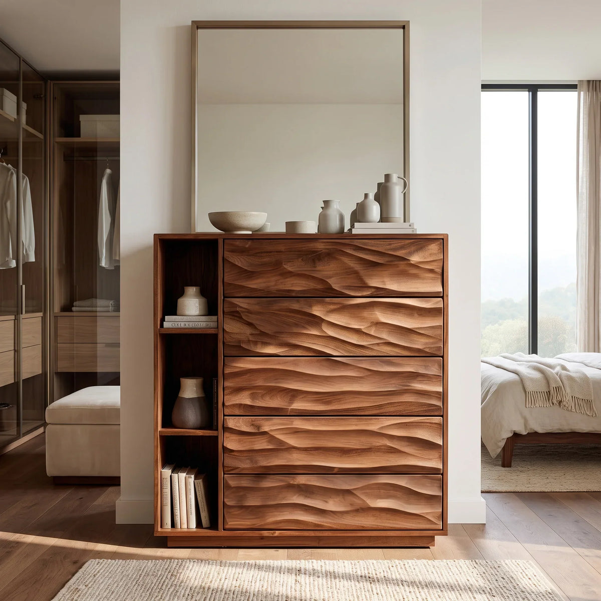 Contemporary Wave Carved Dresser With Shelves For Bedroom