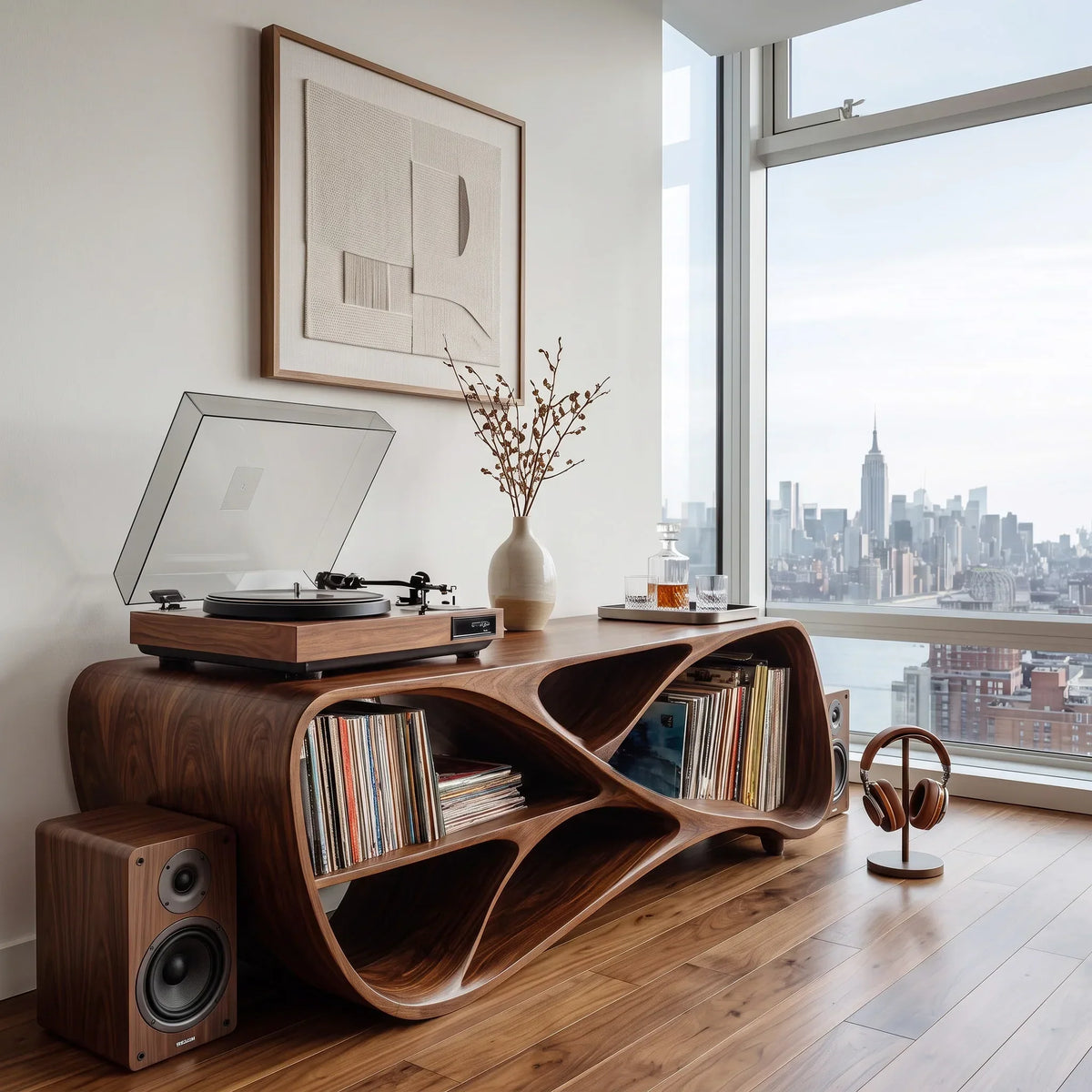 Contemporary Wooden Record Player Console For Living Room