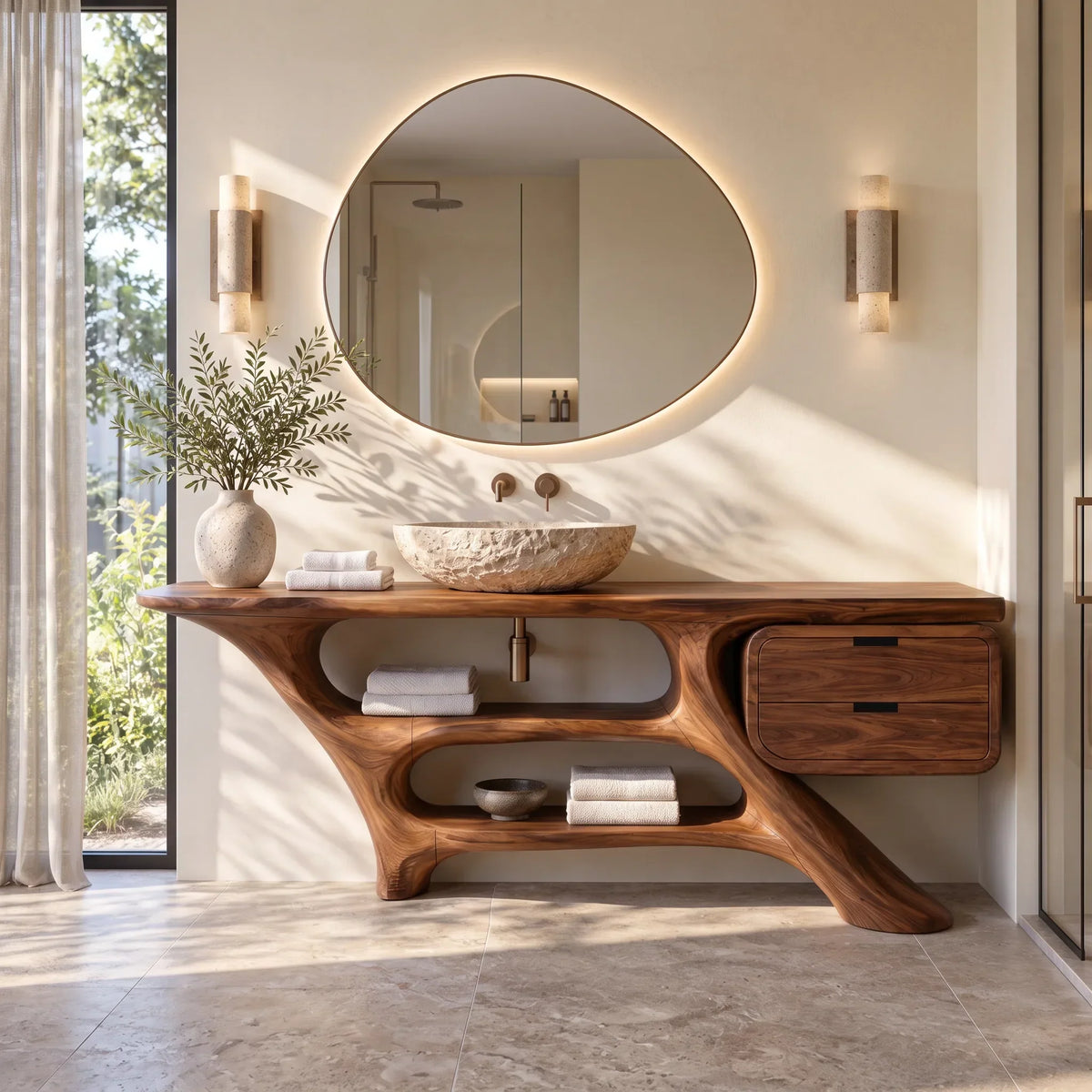 Sculptural Bathroom Vanity Flowing Shelves With Drawer For Modern Spaces