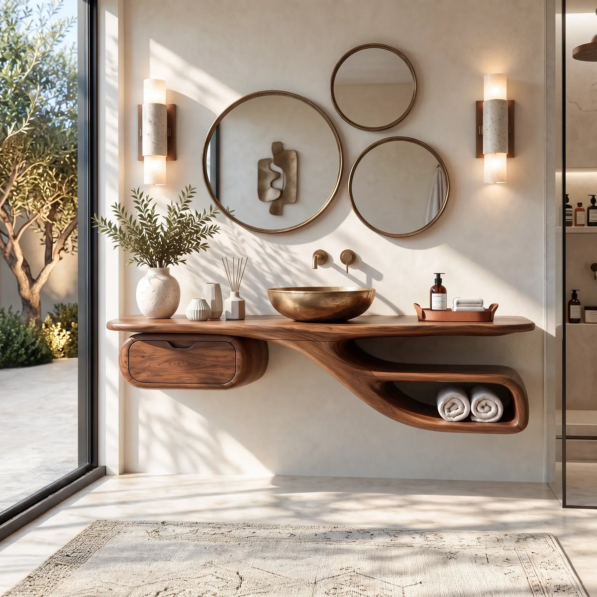 Transitional Floating Bathroom Vanity Curved Storage For Modern Bathroom
