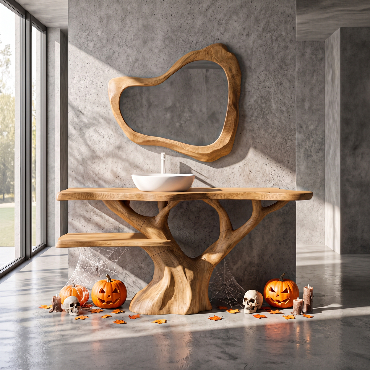 Mid Century Halloween Solid Wood Bathroom Vanity With Sculptural Tree Form For Bathroom