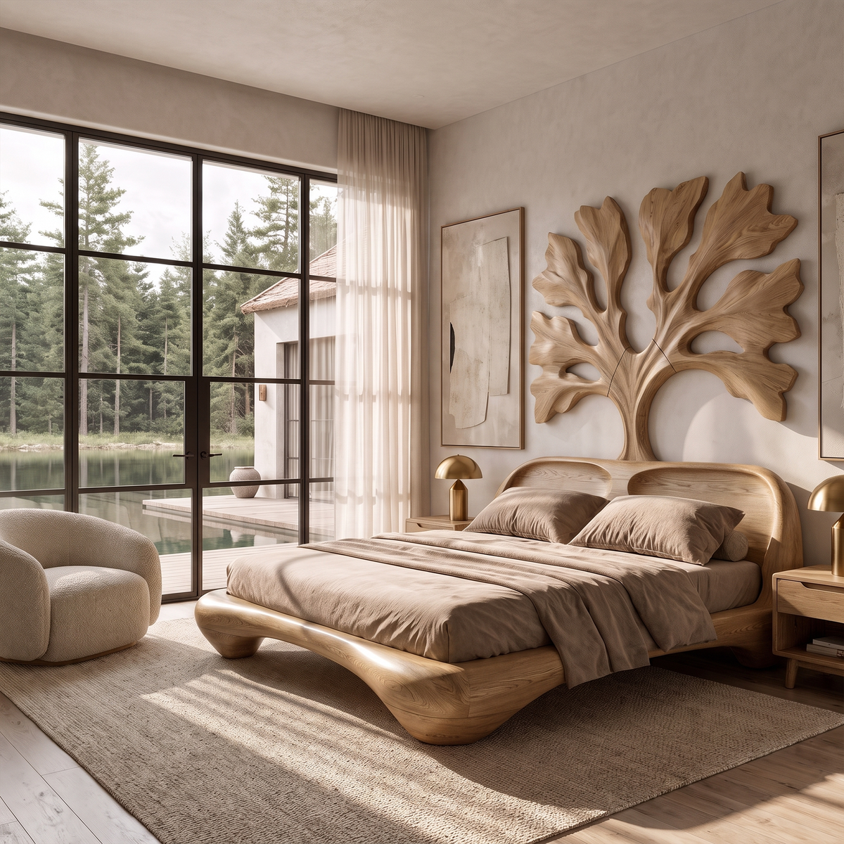 Organic Wooden Bed Frame With Artistic Tree Silhouette Headboard For Bedroom