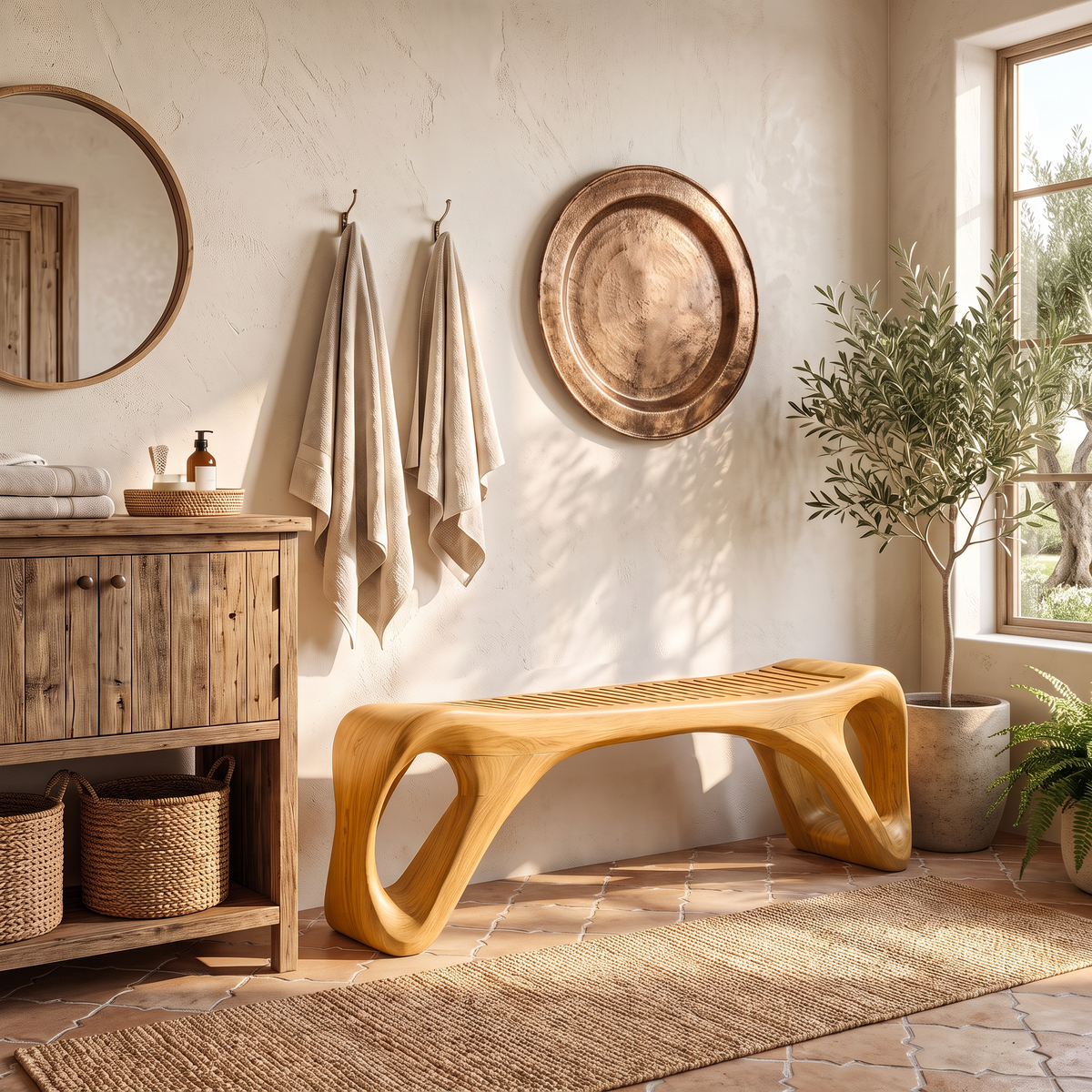 Mid Century Vanity Bench With Rounded Frame And Open Leg Detail For Bathroom