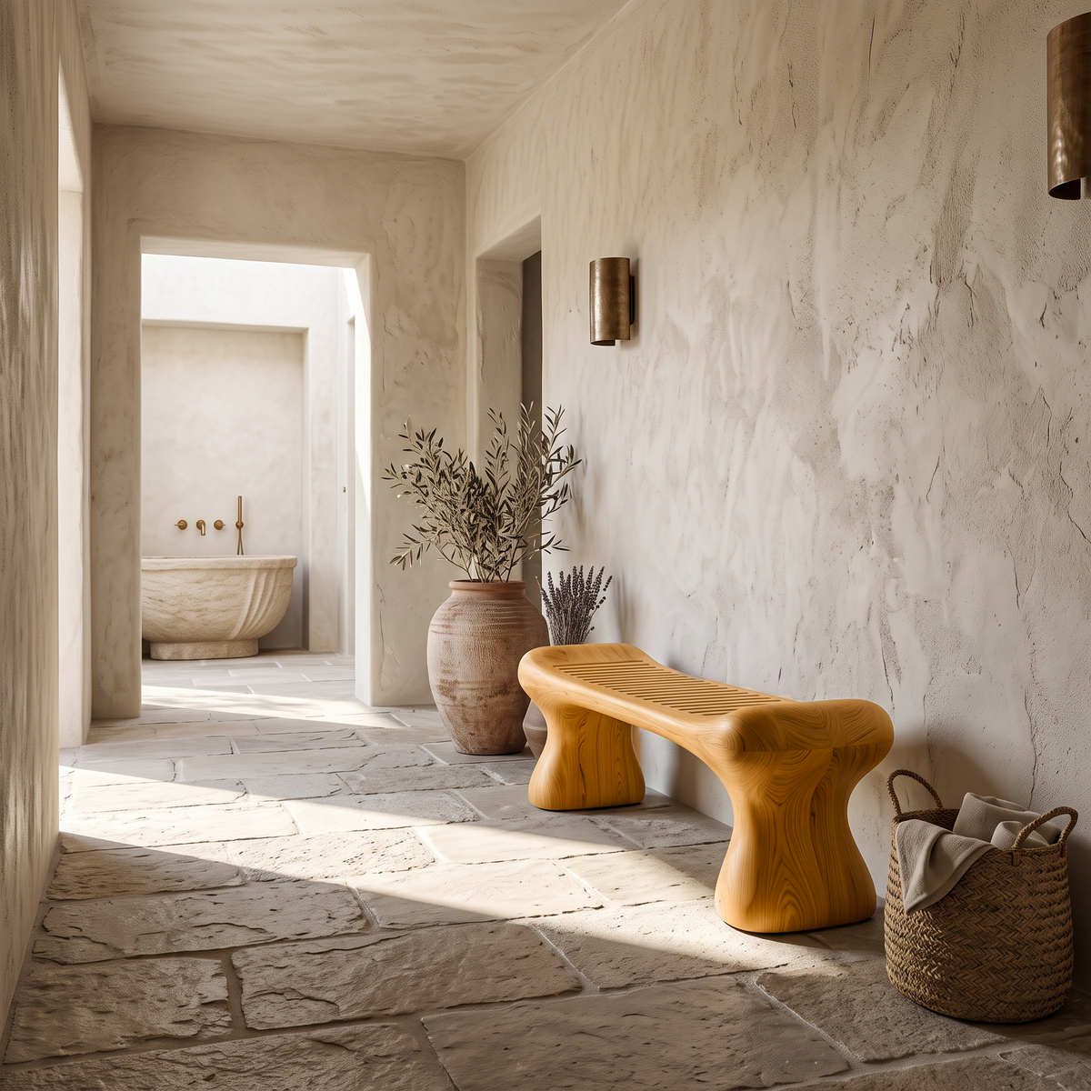 Rustic Wooden Shower Bench With Thick Sculpted Legs For Bathroom
