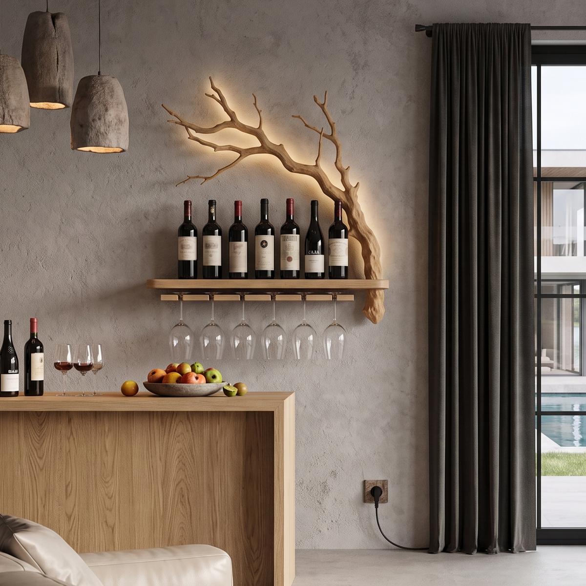 Rustic Wall Mounted Wine Rack With Wine Glass Holder For Dining Room And Home Bar