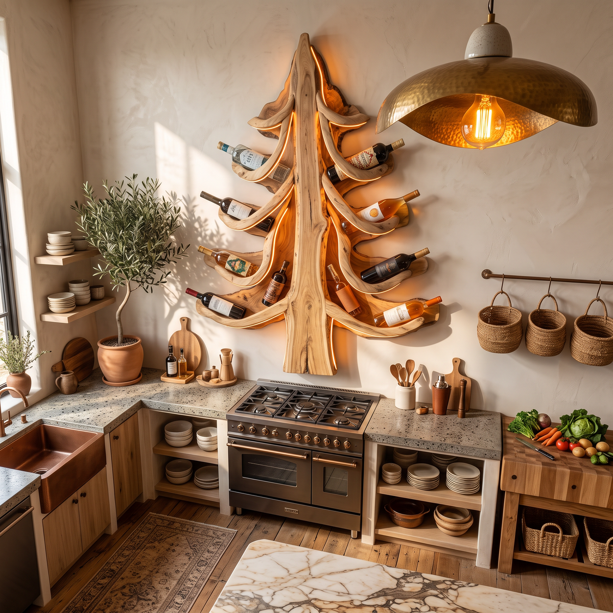 Modern Wine Display Rack With Sculptural Pine Tree Design For Home Bar
