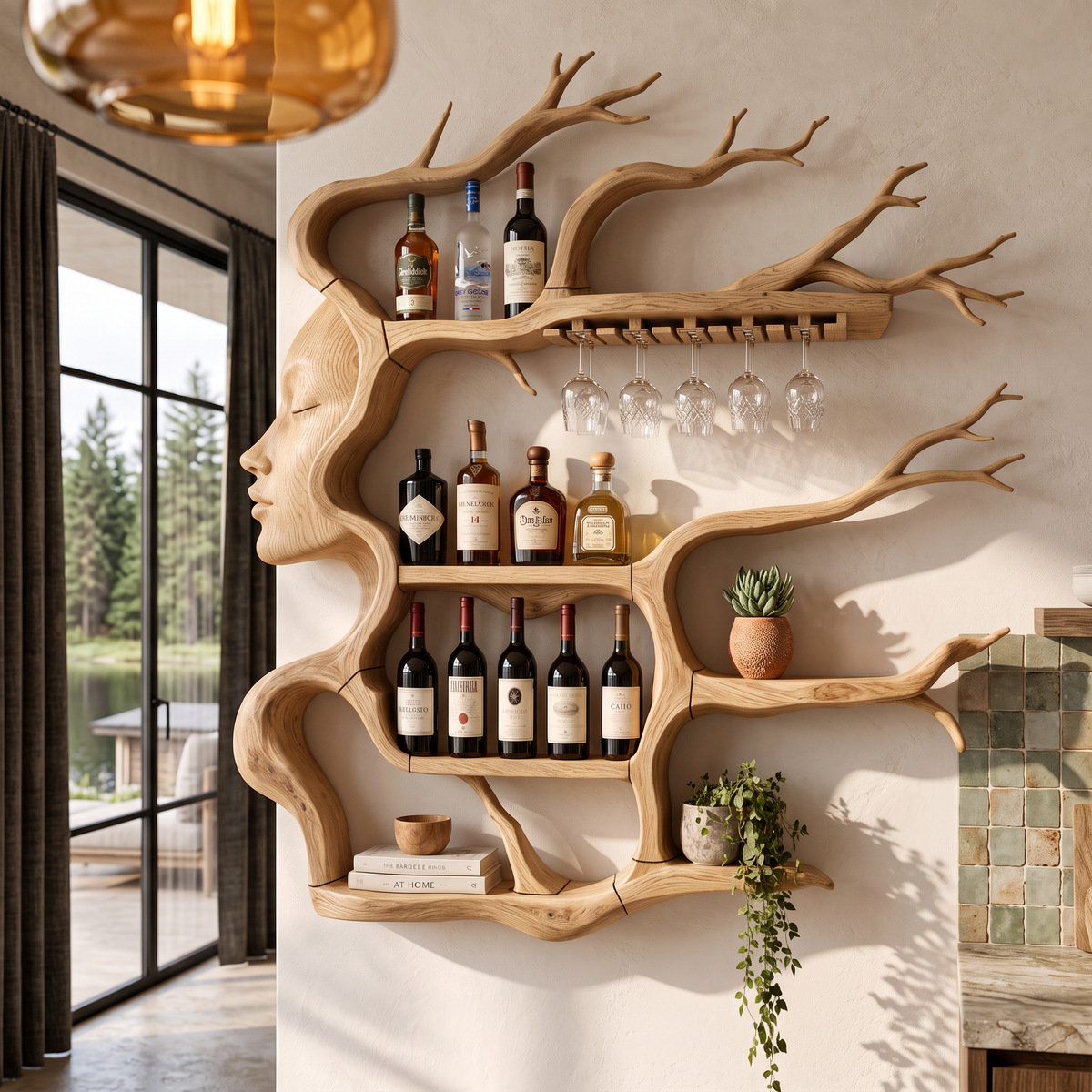 Contemporary Wall Mounted Wine Rack With Sculptural Face Tree Design For Dining Room